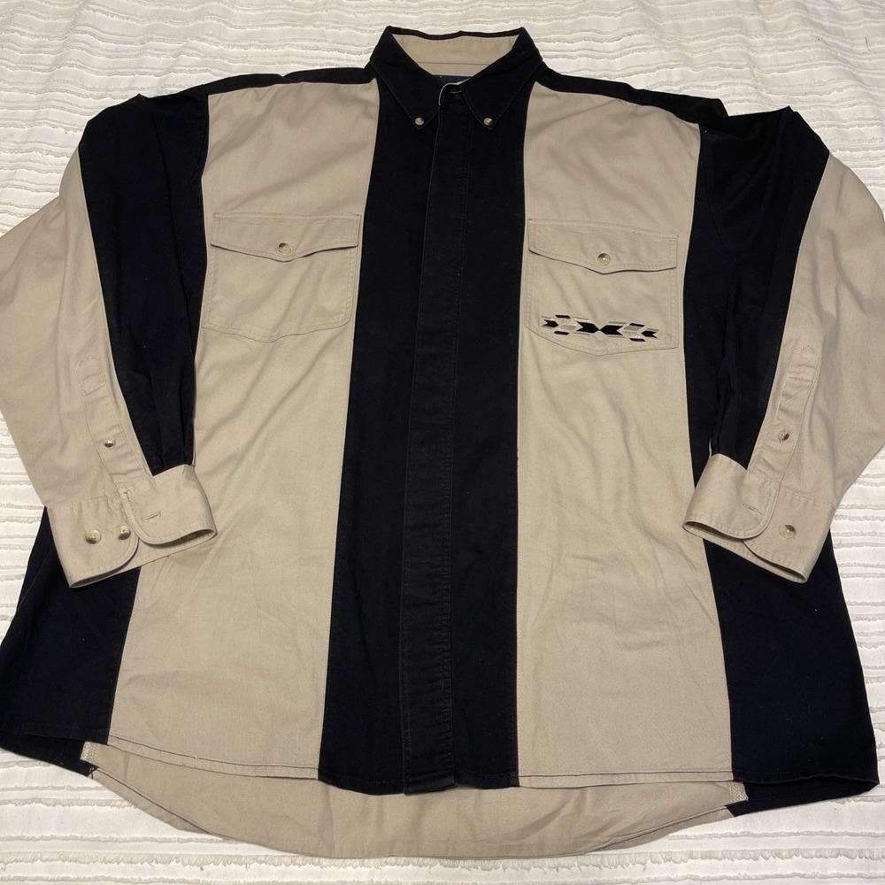 Wrangler MH2972M Western Shirt XL Black Tan Color Block Embroidered Pocket Y2K
